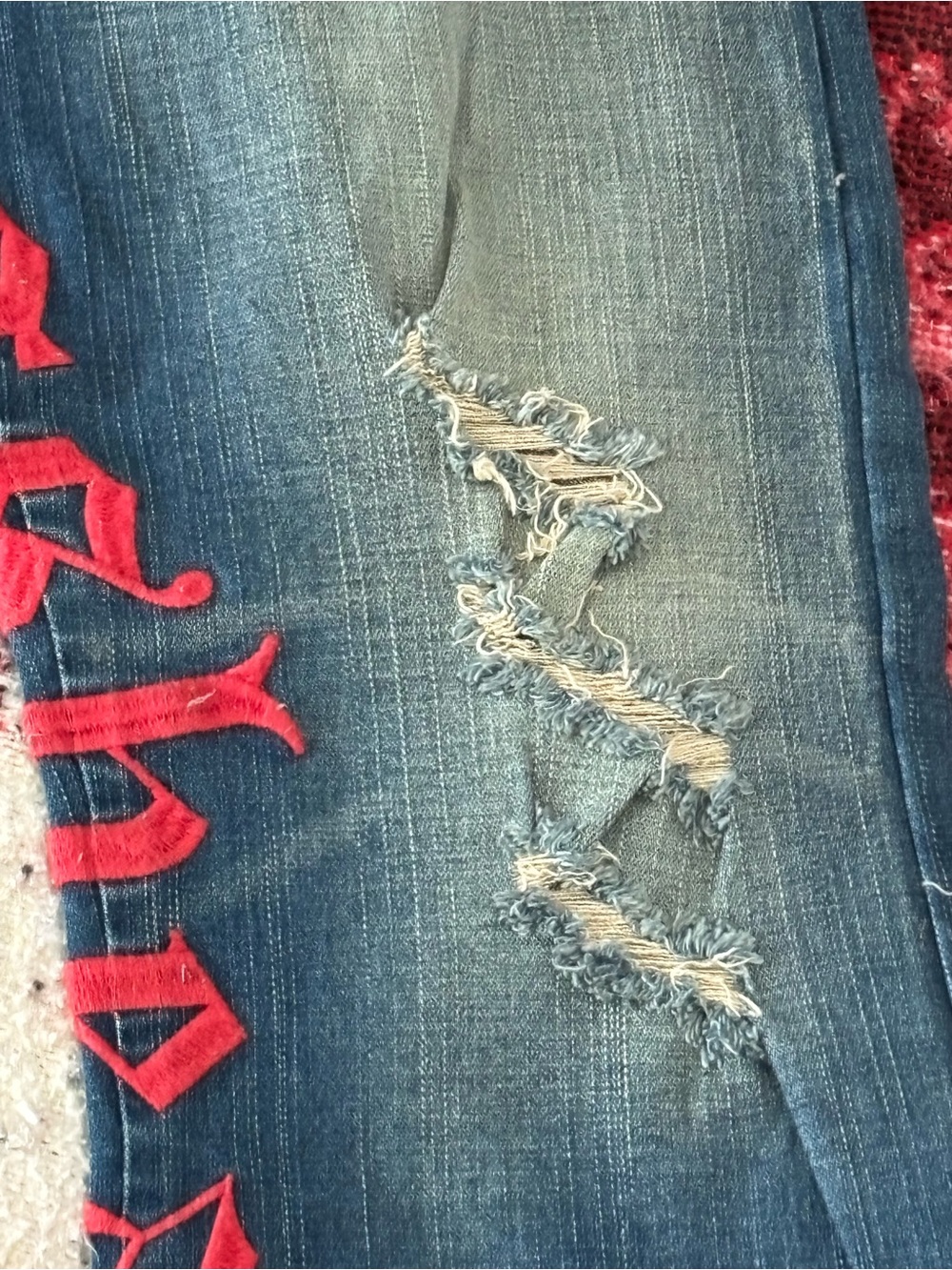 Los Angeles Golden Denim GOLDEN VENUS Flare Distressed Red Letters Jeans Sz: 42 - Picture 8 of 12